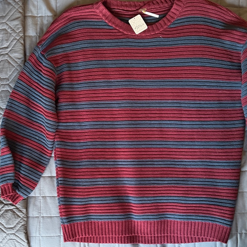 Free People Mulberry and Navy Striped Crewneck Sweater